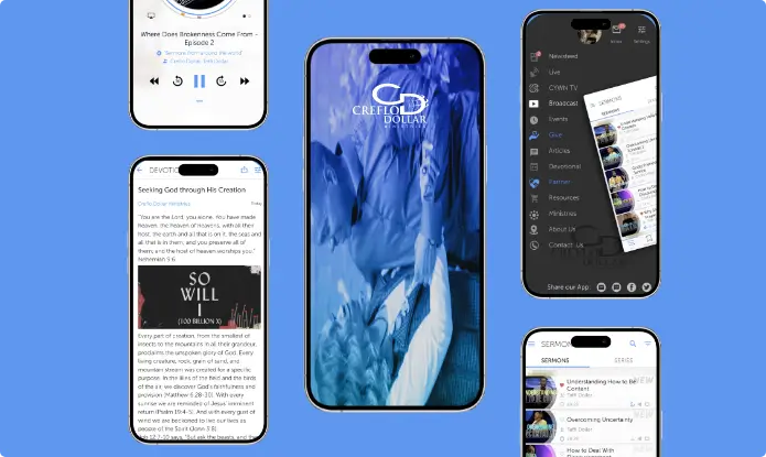 Phone mockups of the Creflo Dollar Ministries (CDM) App, with backgrounds, devotionals, streaming menus, and sermons